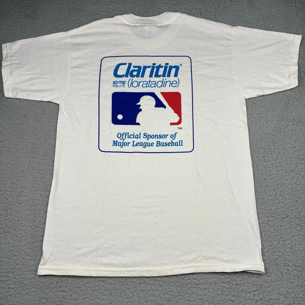 Vintage MLB Claritin Official Sponsor T Shirt Mens Large White 90s Y2K Promo Tee